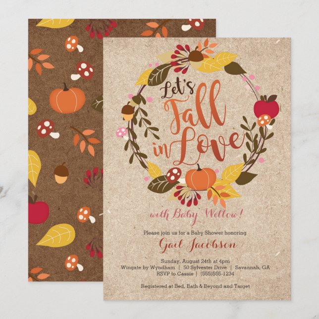 Fall Baby Shower Invitation - "Fall in Love" Pink (Front/Back)
