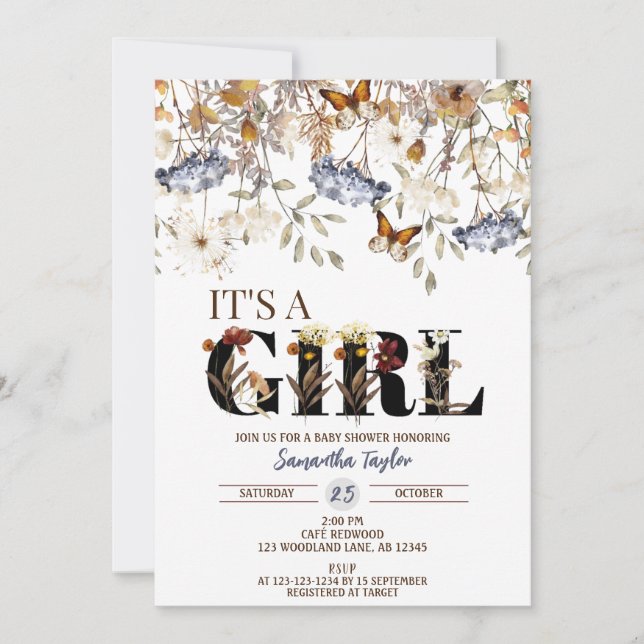Fall Baby Shower Invitation, Girl Shower Invite (Front)
