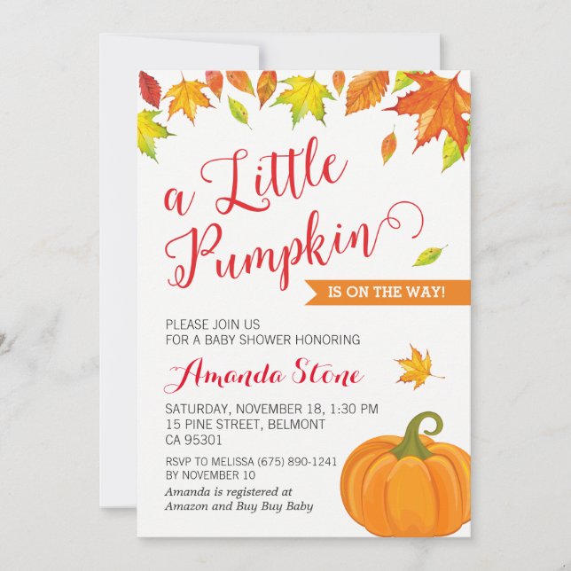 Fall Baby Shower Invitation, Little Pumpkin Autumn Invitation (Front)