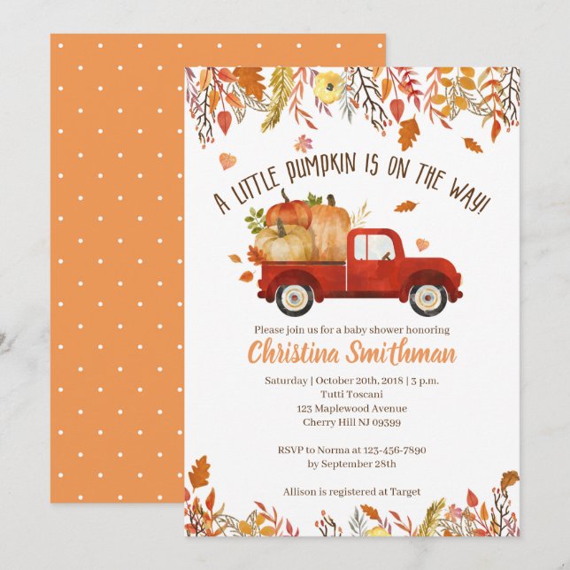Fall Baby Shower Invitations Little Pumpkin (Front/Back)