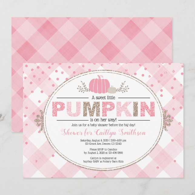Fall baby shower pink gold pumpkin girl shower invitation (Front/Back)