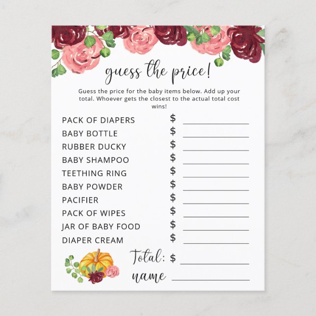 Fall Baby Shower | Pumpkin Price Guess Game (Front)