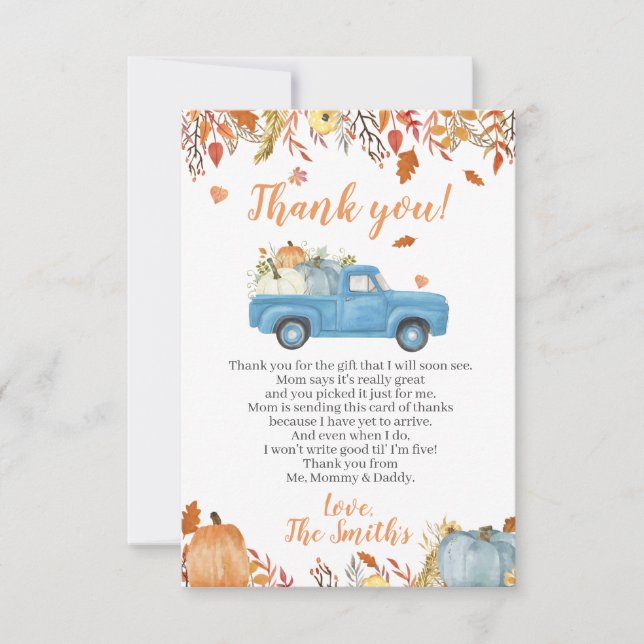 Fall Baby Shower Thank You Cards for a Boy Truck (Front)