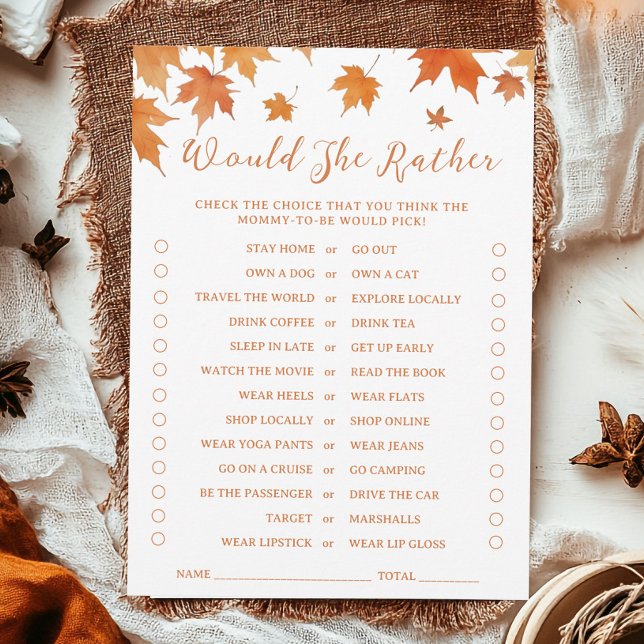 Fall Baby Shower Would She Rather Game Card (Creator Uploaded)