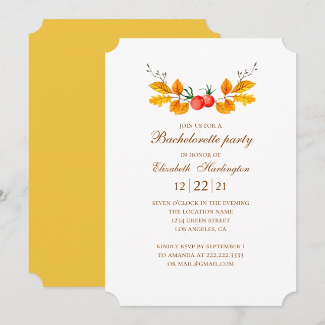 Fall bachelorette party. Watercolor autumn wedding Invitation (Front/Back)