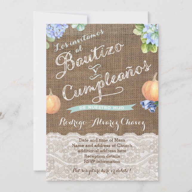 Fall Baptism Birthday In Spanish / Bautizo Latino Invitation (Front)