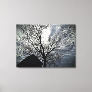 Fall Barn Moonlit Sky Modern Black & White Canvas Print
