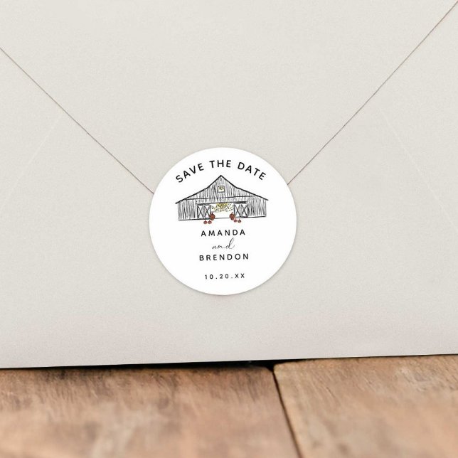 Fall Barn Pumpkins Save the Date Classic Round Sticker (Creator Uploaded)