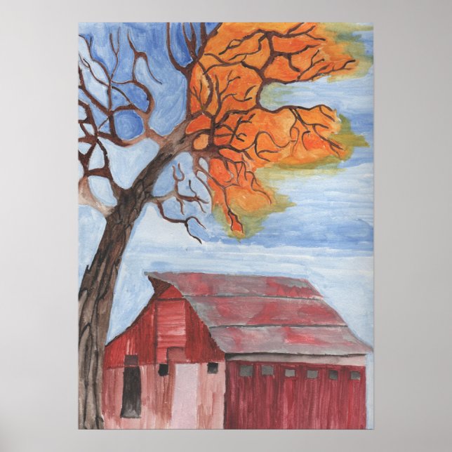 Fall Barn Water Colour Pastel Poster (Front)