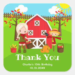 Fall Barnyard Birthday Blonde Hair Girl Thank You Square Sticker