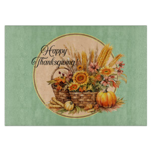 Fall Basket, Flowers, Pumpkins, Maize Round Cutting Board