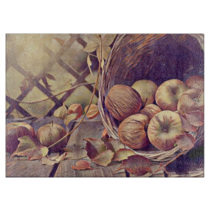Fall basket of apples fruits watercolor vintage  cutting board