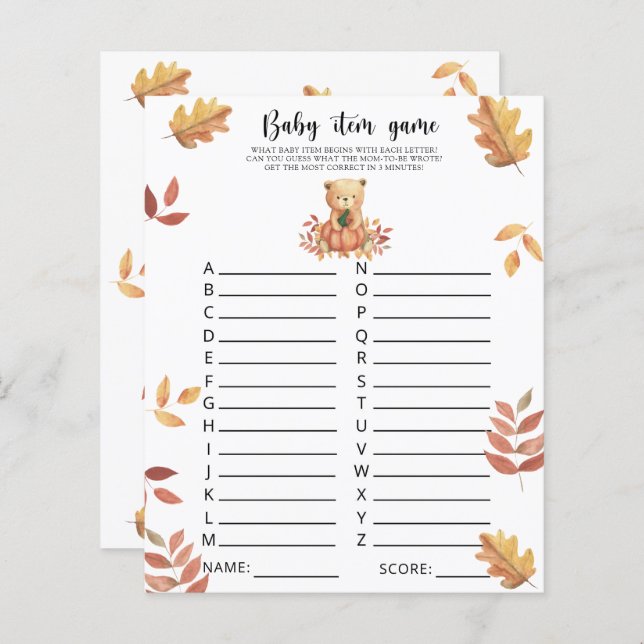 Fall bear - Baby Item Game. Baby Shower Game (Front/Back)