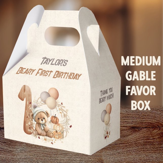 Fall Bear Pumpkin Boy 1st Birthday Medium Gable Favour Box (Fall Bear Girl Medium Gable Favor Boxes - You can choose from 3 sizes of these gable favor boxes)