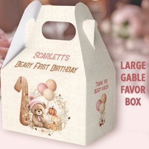 Fall Bear Pumpkin Girl 1st Birthday Large Gable Favour Box