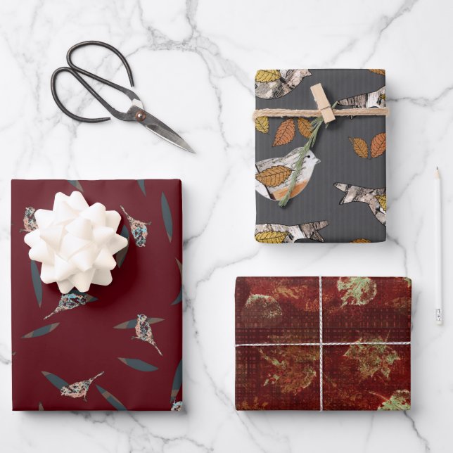 Fall Bird Leaf Birch Wrapping Paper Flat Sheet Set (Front)