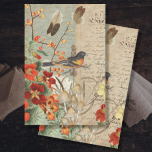 Fall Bird Orange Floral Foliage Script Decoupage Tissue Paper