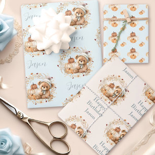 Fall Birthday Boy Cute Bear Pumpkins Blue Beige Wrapping Paper Sheet