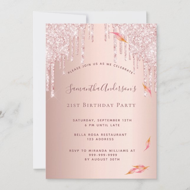 Fall birthday party rose gold glitter drips invitation (Front)