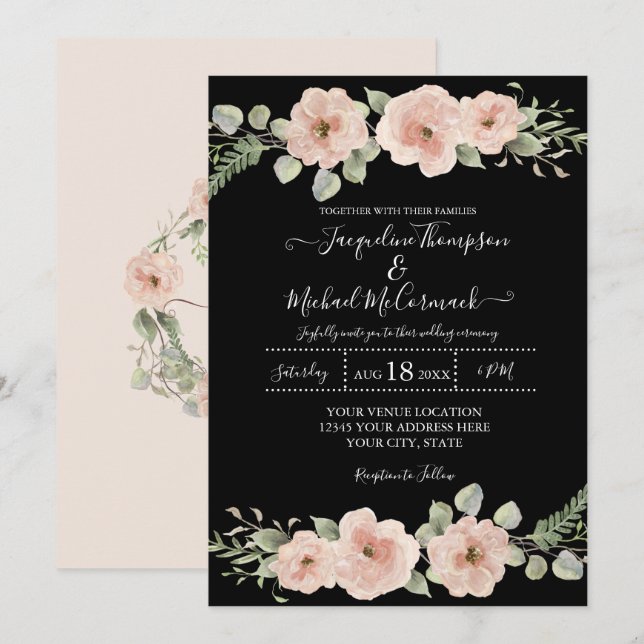Fall Black Blush Watercolor Floral Rose Wedding Invitation (Front/Back)
