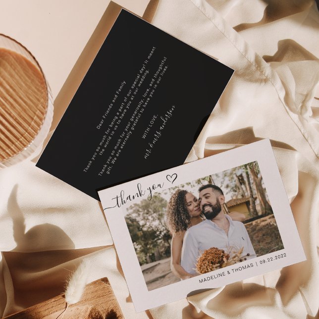 Fall Black Boho Simple Photo Heart Script Wedding Thank You Card (Creator Uploaded)