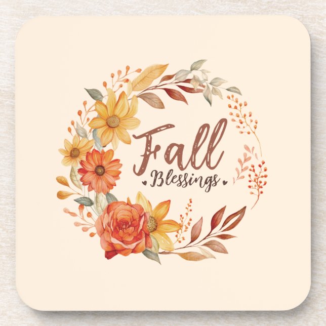 Fall Blessings – Autumn Leaves & Floral Wreath Coaster (Front)