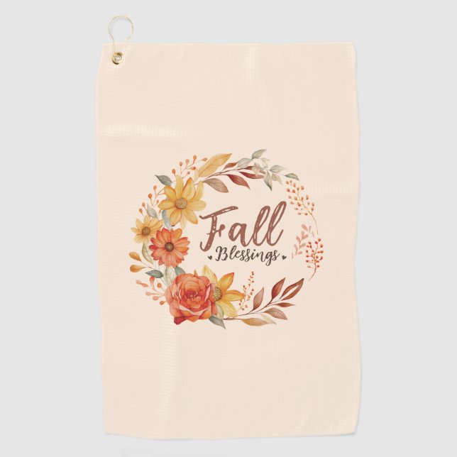 Fall Blessings – Autumn Leaves & Floral Wreath Golf Towel (Front)