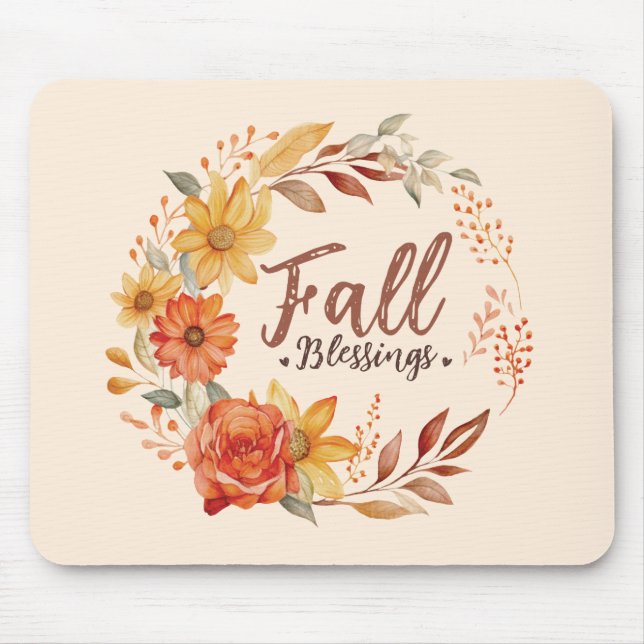 Fall Blessings – Autumn Leaves & Floral Wreath Mouse Mat (Front)