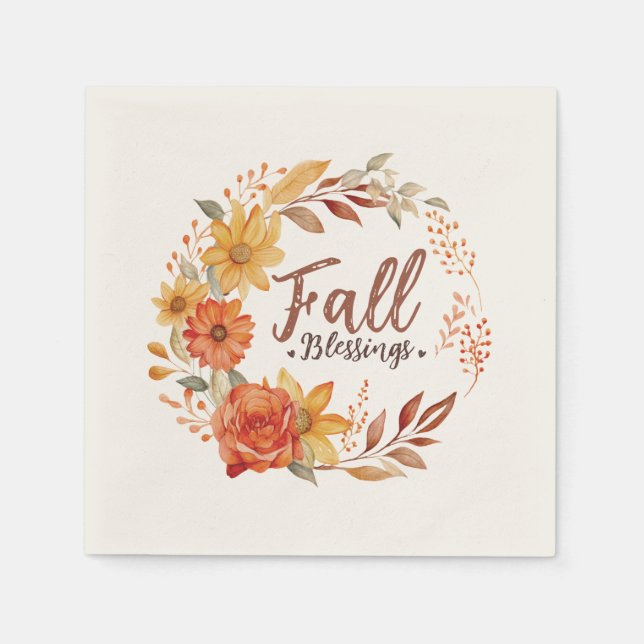 Fall Blessings – Autumn Leaves & Floral Wreath Napkin (Front)
