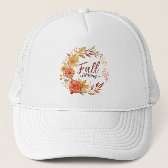 Fall Blessings – Autumn Leaves & Floral Wreath Trucker Hat (Front)