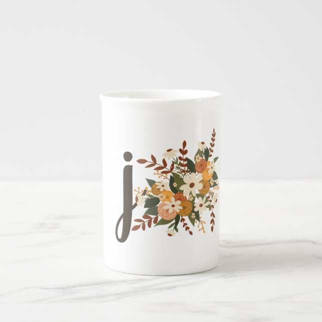 Fall Blooms Floral Monogram Initial Bone China Mug (Front)