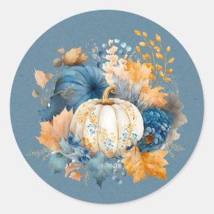 Fall Blue and Orange Pumpkin Peony Wedding Classic Round Sticker