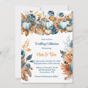 Fall Blue and Orange Pumpkin Peony Wedding Invitation