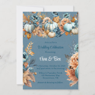 Fall Blue and Orange Pumpkin Peony Wedding Invitation