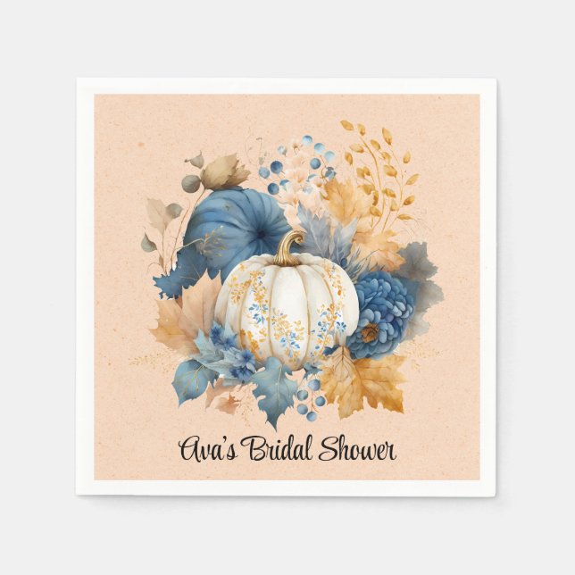 Fall Blue and Orange Pumpkin Peony Wedding Napkin (Front)