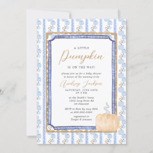 Fall Blue Chinoiserie Blue Pumpkin Baby Shower Inv Invitation
