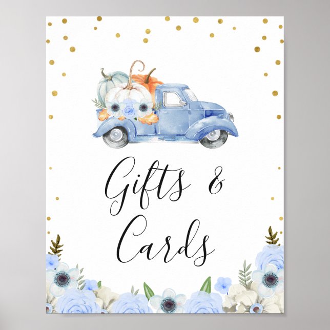 Fall Blue Floral Pumpkin Truck Baby Shower Sign (Front)