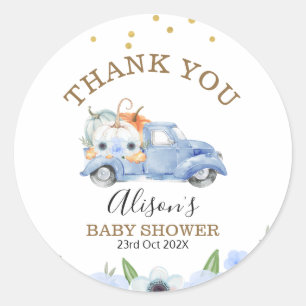 Fall Blue Floral Pumpkin Truck Baby Shower Sticker