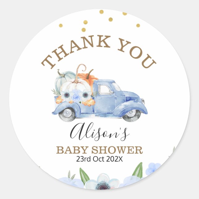 Fall Blue Floral Pumpkin Truck Baby Shower Sticker (Front)