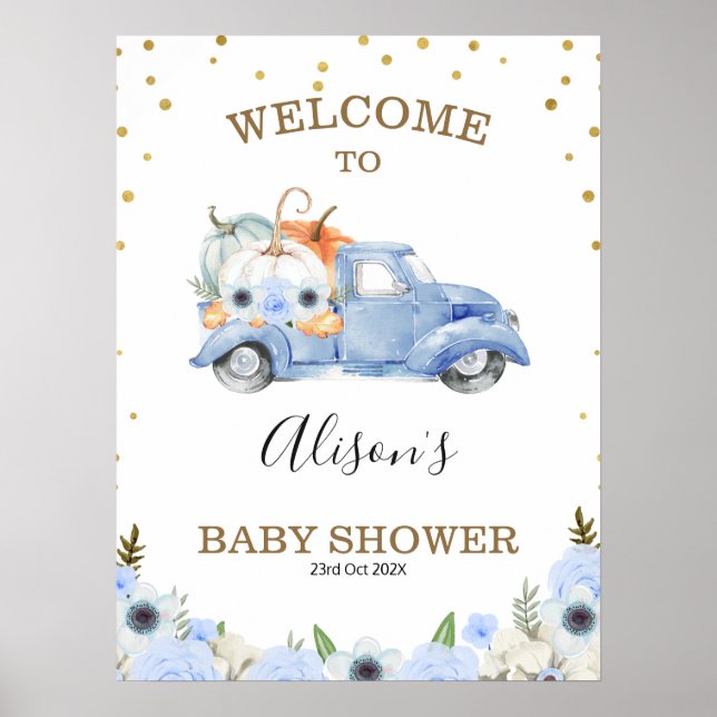 Fall Blue Floral Pumpkin Truck Baby Shower Welcome Poster (Front)