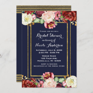 Fall Blue Gold Bold Floral Marsala Bridal Shower Invitation