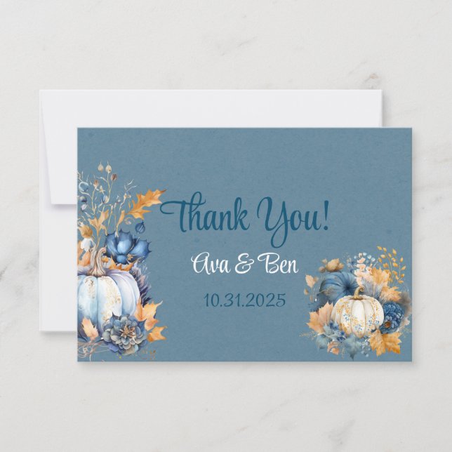 Fall Blue Orange Pumpkin Peony Wedding Thank You Card (Front)
