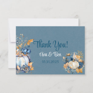Fall Blue Orange Pumpkin Peony Wedding Thank You Card
