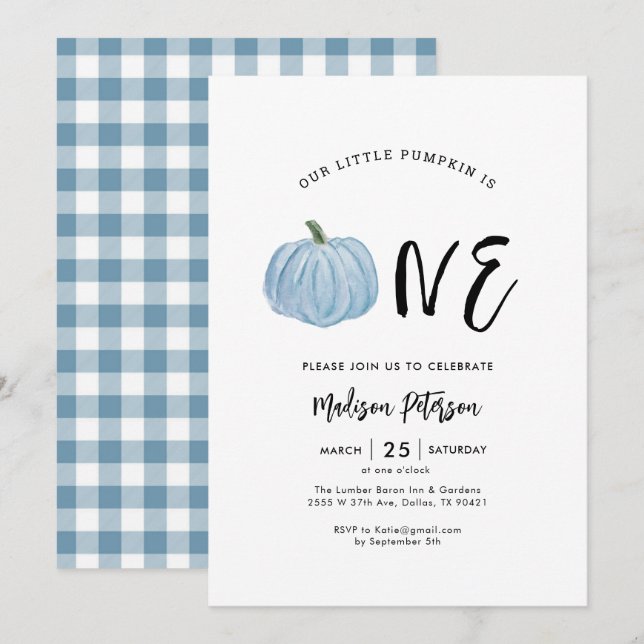 Fall Blue Pumpkin 1st Boy Birthday Party Invitation (Front/Back)
