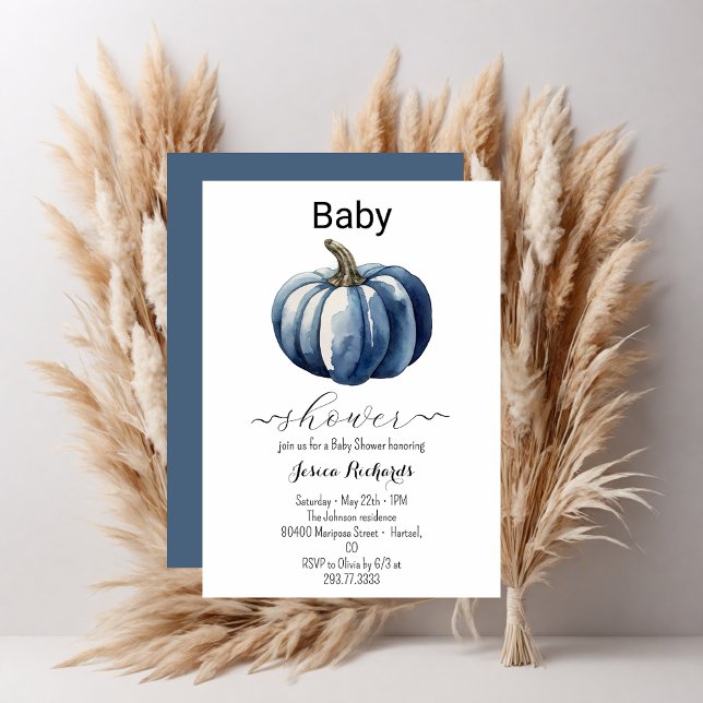 Fall Blue Pumpkin Boy Baby Shower Invitation (Creator Uploaded)