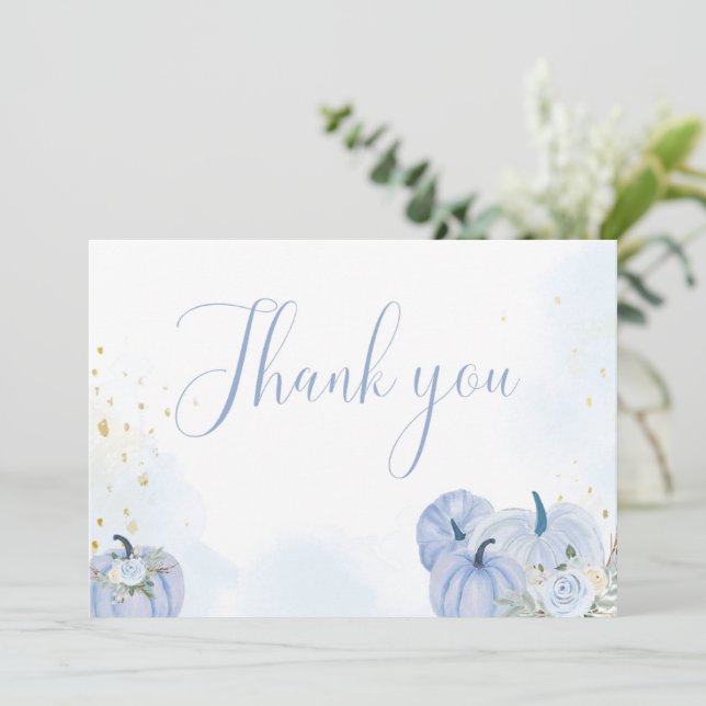 Fall Blue Pumpkin Boy Baby Shower Thank You Card (Standing Front)