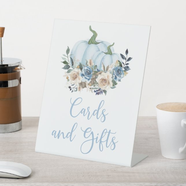 Fall Blue Pumpkin Boy Shower Cards and Gifts Pedes Pedestal Sign (In SItu)