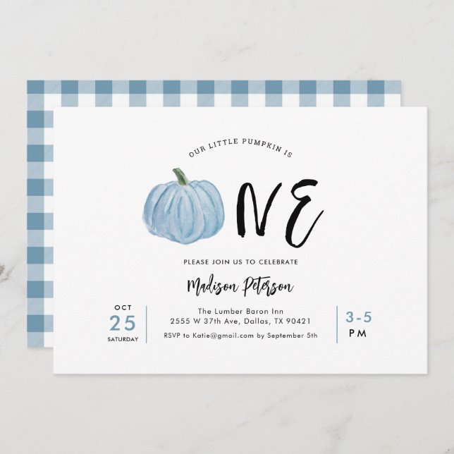 Fall Blue Pumpkin First Boy Birthday Party Invitation (Front/Back)