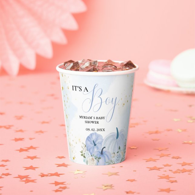 Fall Blue Pumpkin  Floral Boy  Baby shower  Paper Cups (Insitu)
