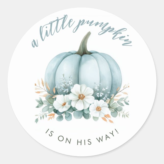 Fall Blue Pumpkin Floral Eucalyptus Baby Shower Classic Round Sticker (Front)